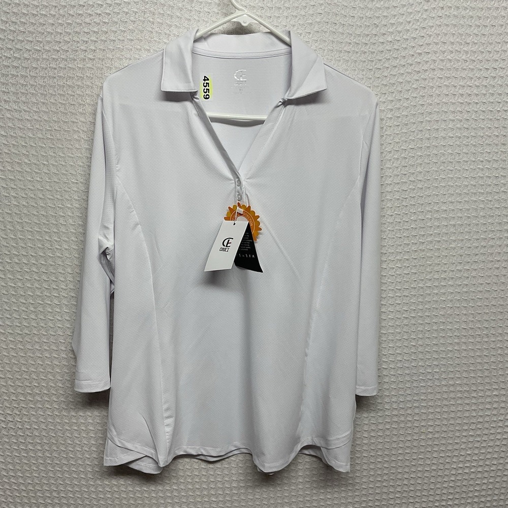 Casey Sport Shirt Blouse Sz XL White Collared V-Neck 3/4 Sleeve Stretchy UPF50+